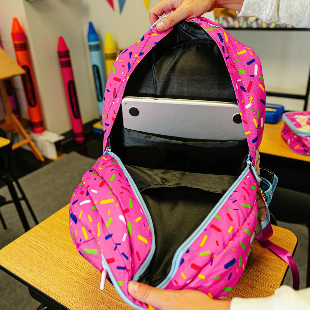 Strawberry Ice Cream Backpack for School and Baseball with Side Laptop Access and Expandable Bottle Pouches