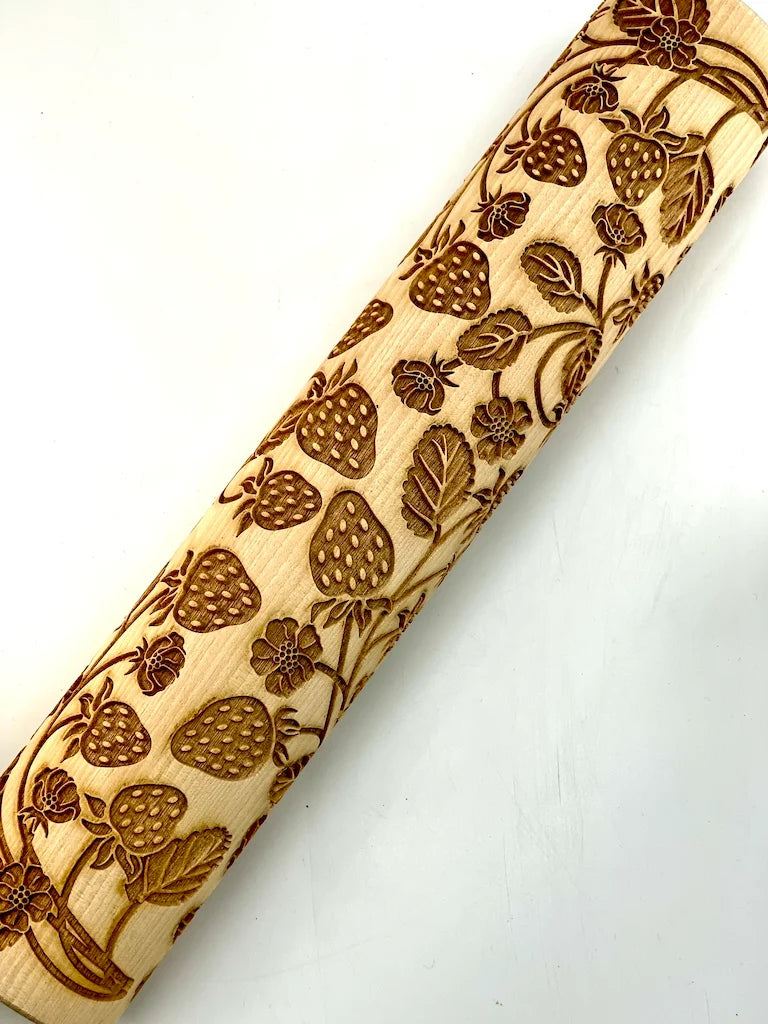 Strawberry Textured Rolling Pin for Baking, 12-Inch Decorative Design for Food-Safe Dough Work
