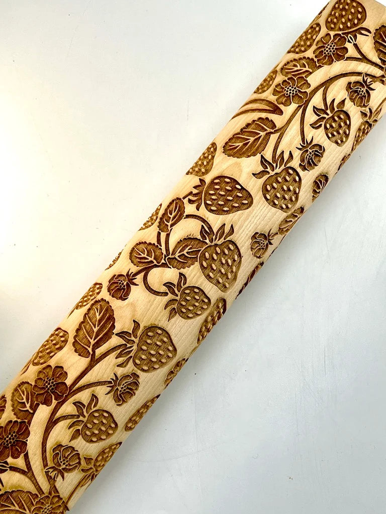 Strawberry Textured Rolling Pin for Baking, 12-Inch Decorative Design for Food-Safe Dough Work
