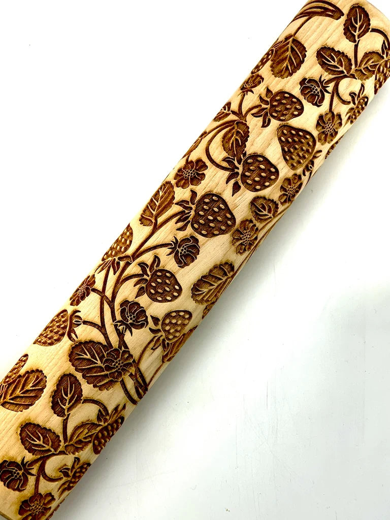 Strawberry Textured Rolling Pin for Baking, 12-Inch Decorative Design for Food-Safe Dough Work