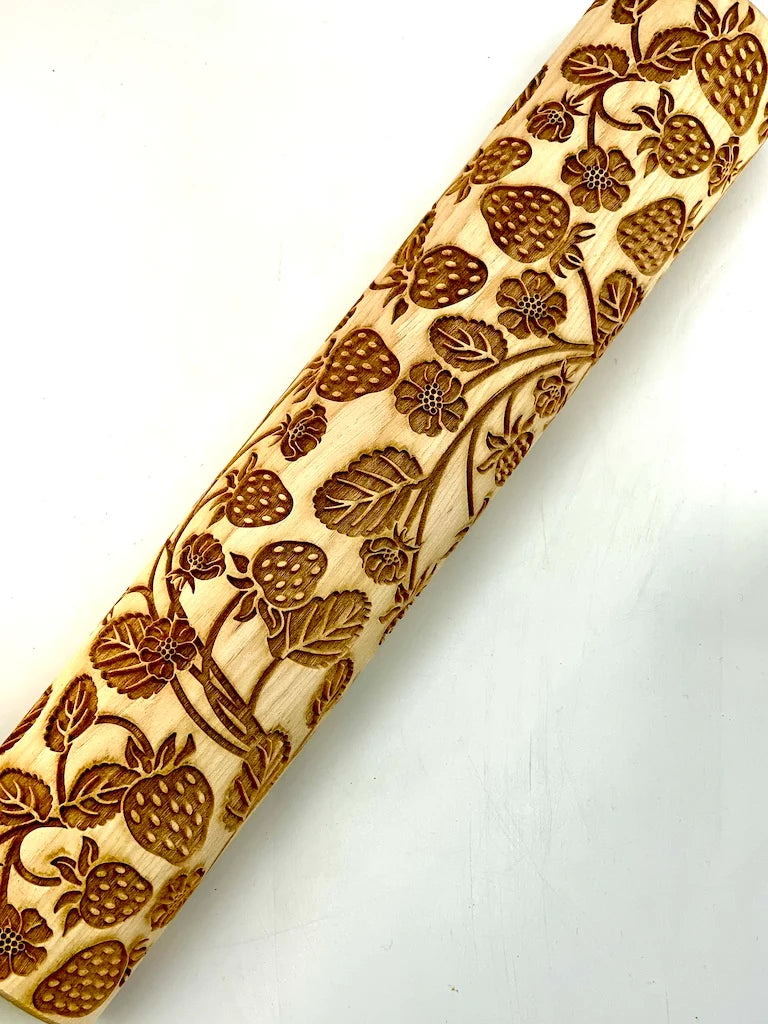 Strawberry Textured Rolling Pin for Baking, 12-Inch Decorative Design for Food-Safe Dough Work