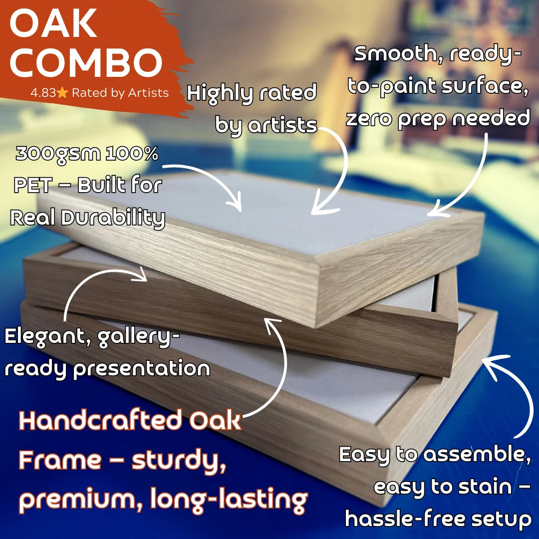 Stretched Painting Canvas and Slim Oak Veneer Floating Frame Set,