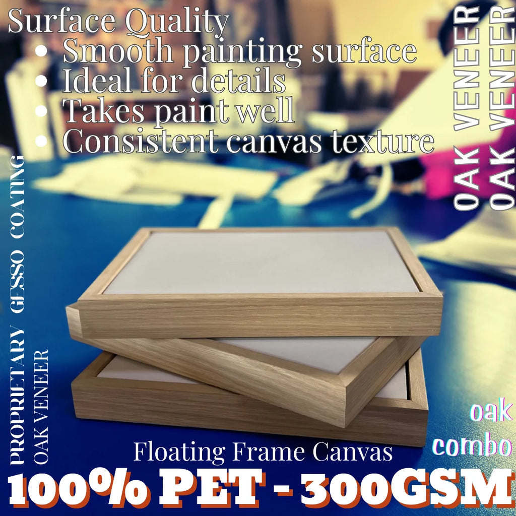 Stretched Painting Canvas and Slim Oak Veneer Floating Frame Set,