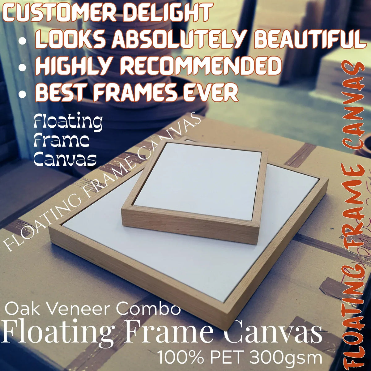 Stretched Painting Canvas and Slim Oak Veneer Floating Frame Set,