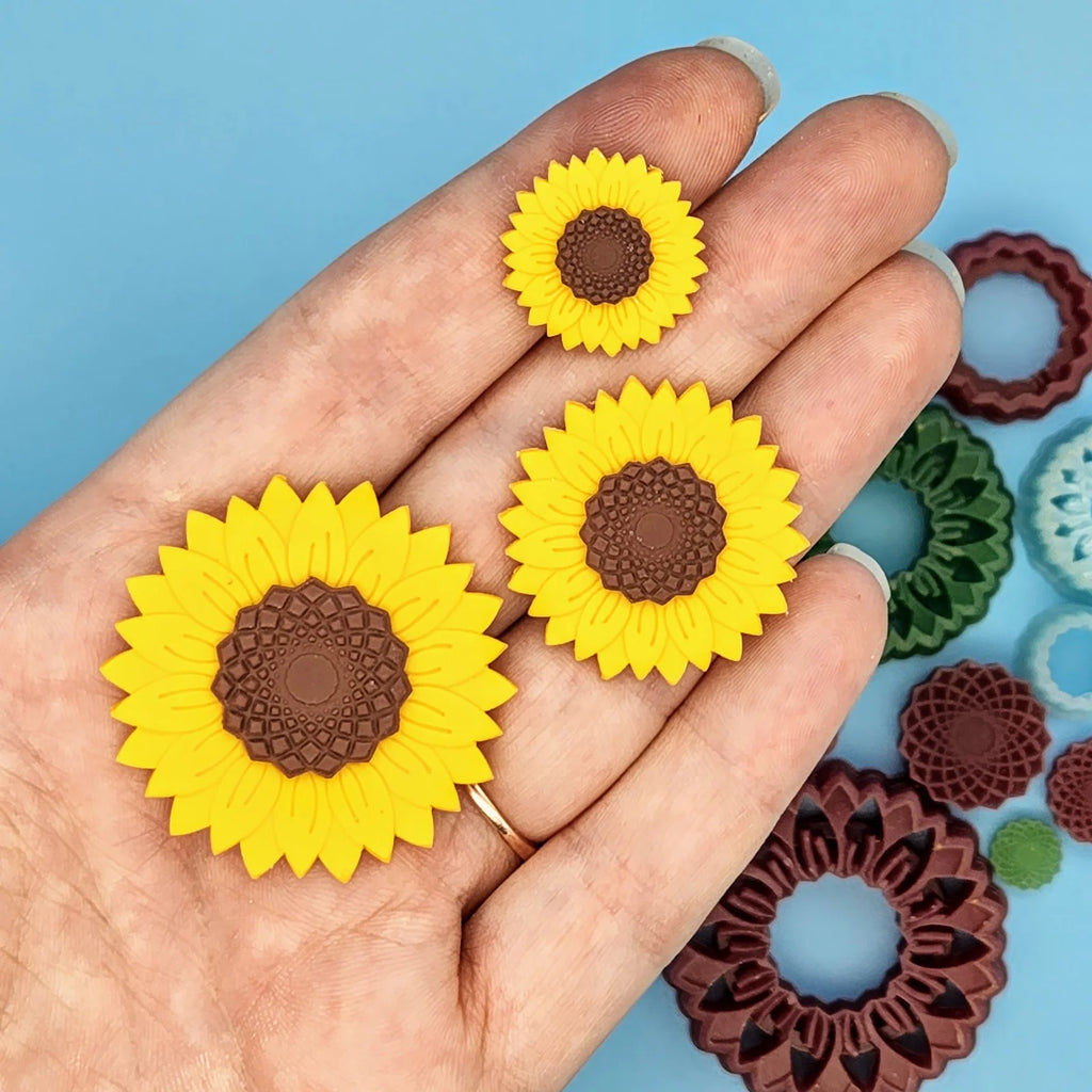 Sunflower Polymer Clay Debossing Cutter Set with Center Cutter and Seed Texture Stamp in 2 cm, 3 cm, or 4 cm