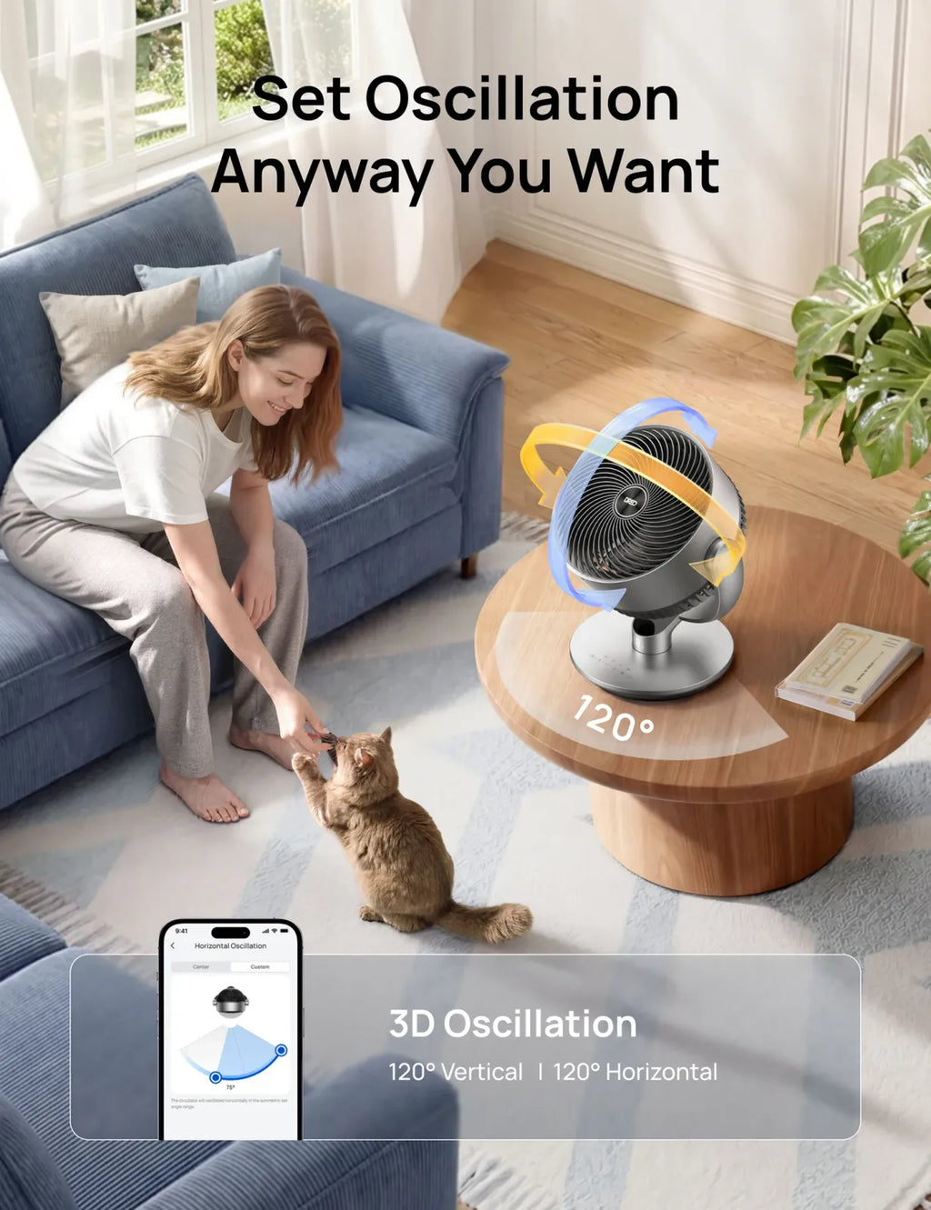 Table Fan for Flexible Air Circulation, 11-Inch Design with 120° + 90° Oscillation and 9 Speeds