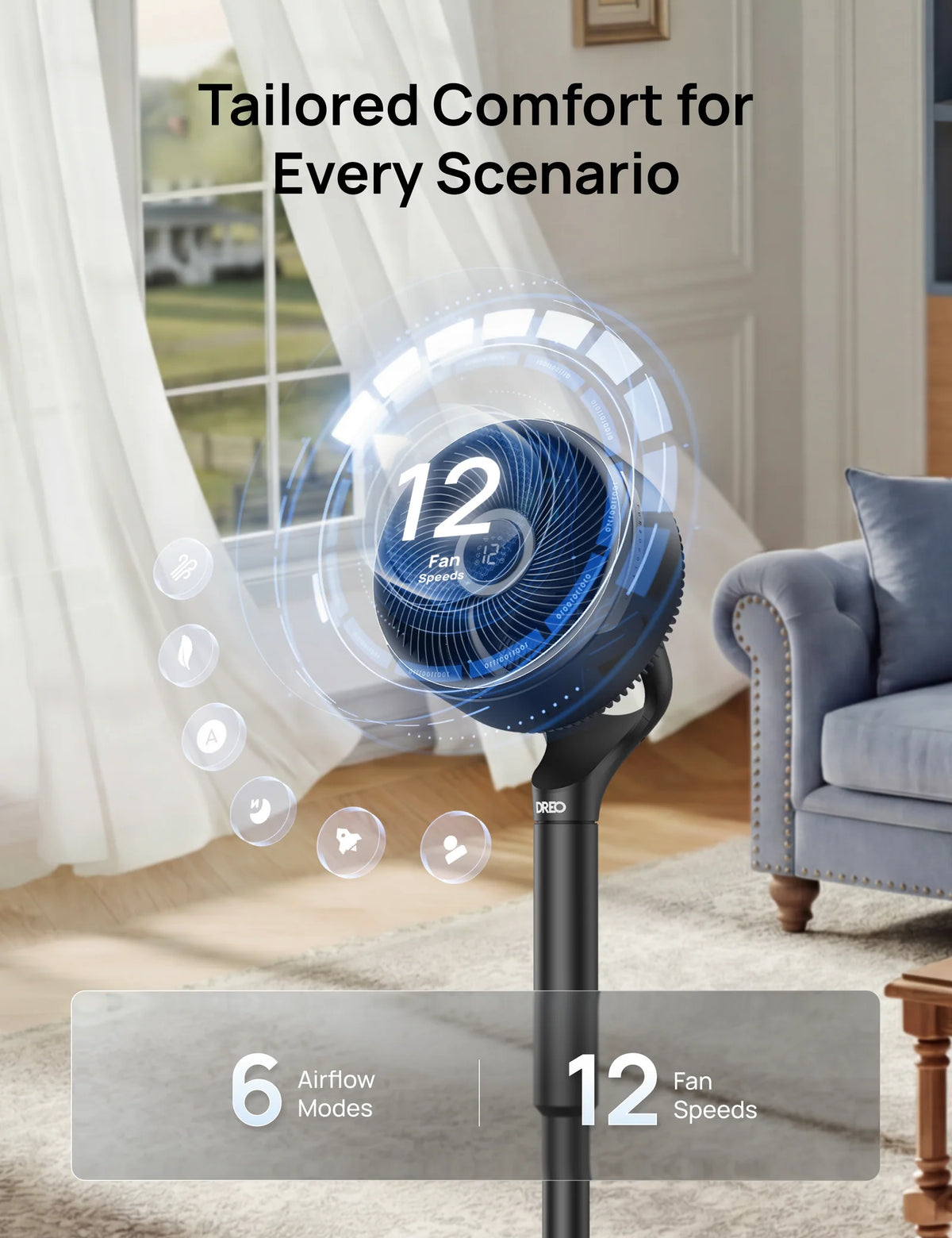 Tabletop and Pedestal Fan with 150° Horizontal and 100° Vertical Oscillation for Multidirectional Airflow