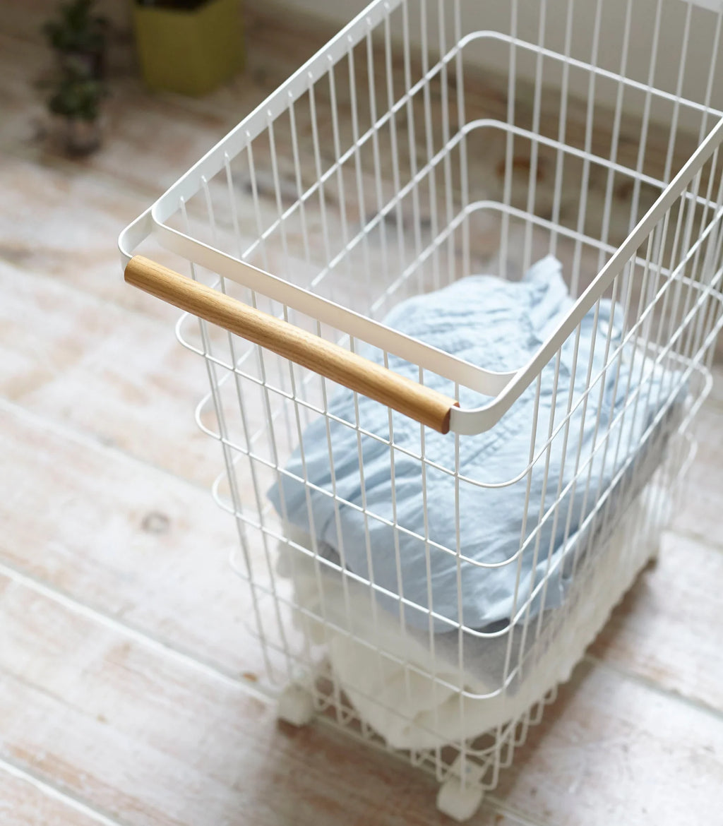 Tall Rolling Wire Laundry Basket with Handle and Wheels for Easy Laundry Room Organization