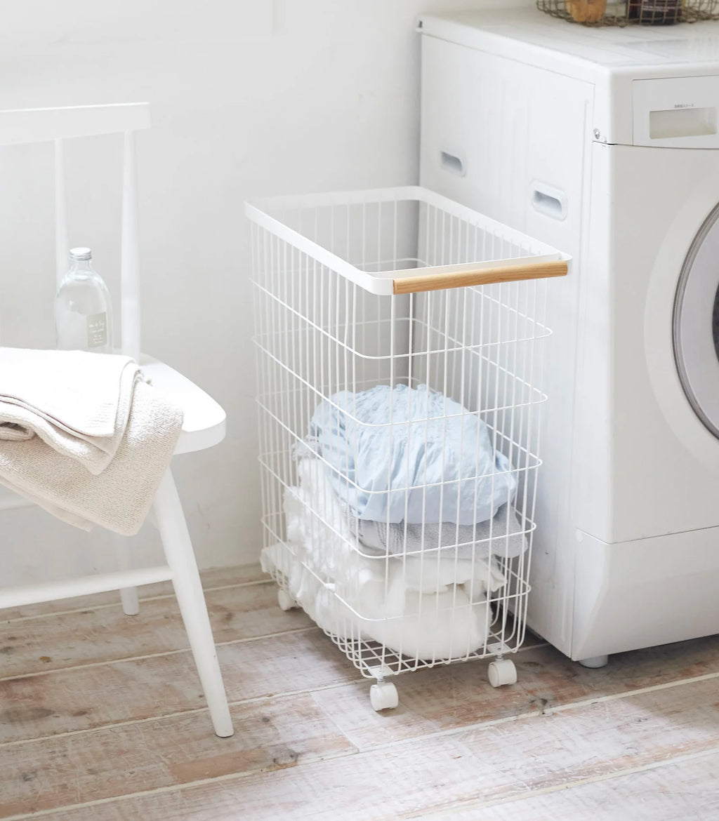 Tall Rolling Wire Laundry Basket with Handle and Wheels for Easy Laundry Room Organization