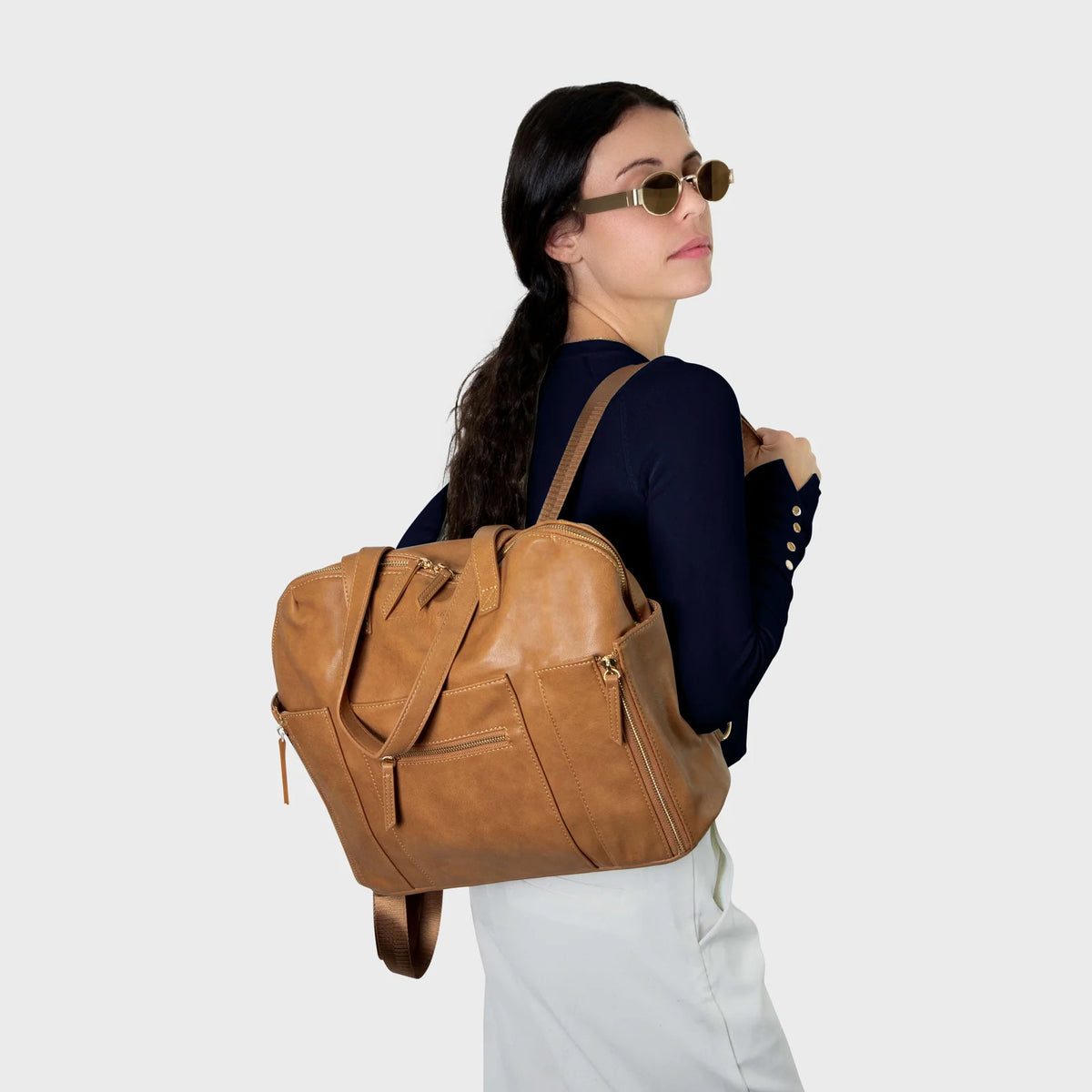 Tan Convertible Diaper Bag in Vegan Leather