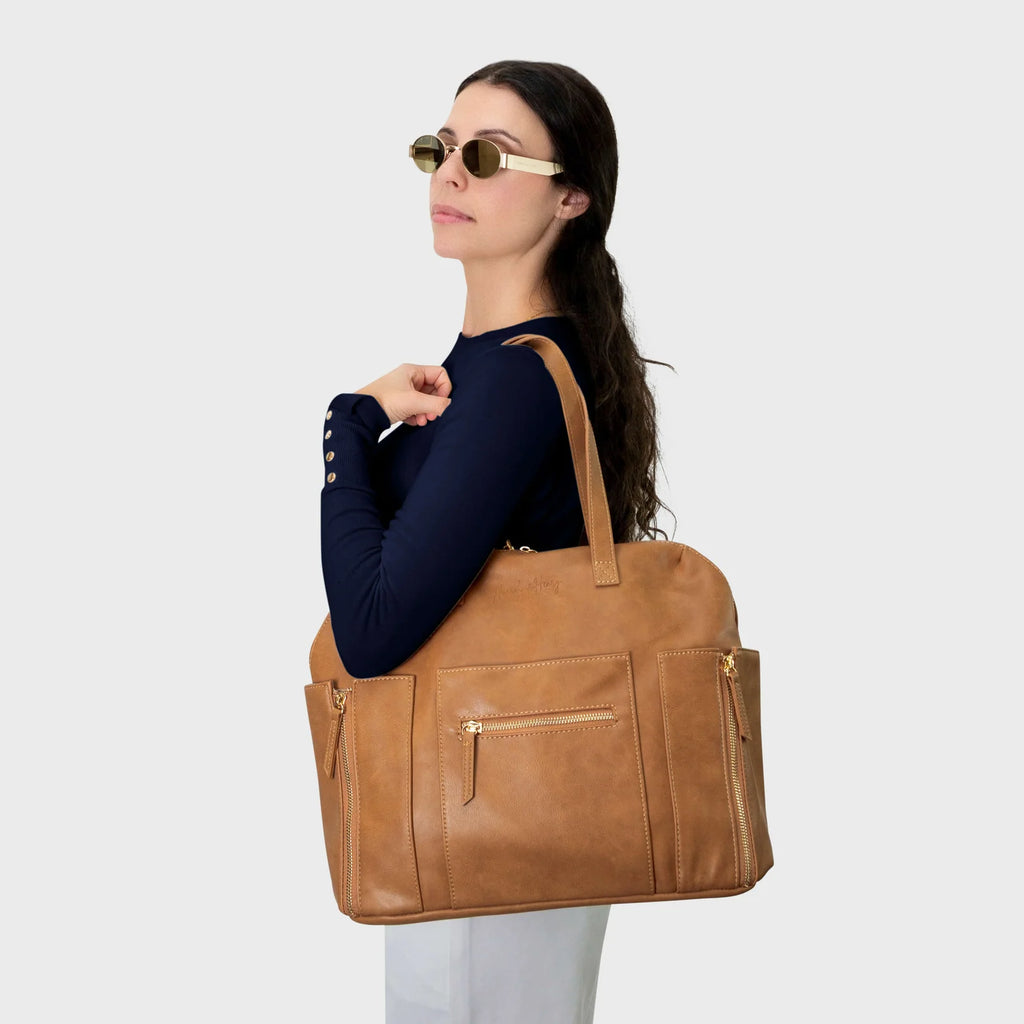 Tan Convertible Diaper Bag in Vegan Leather