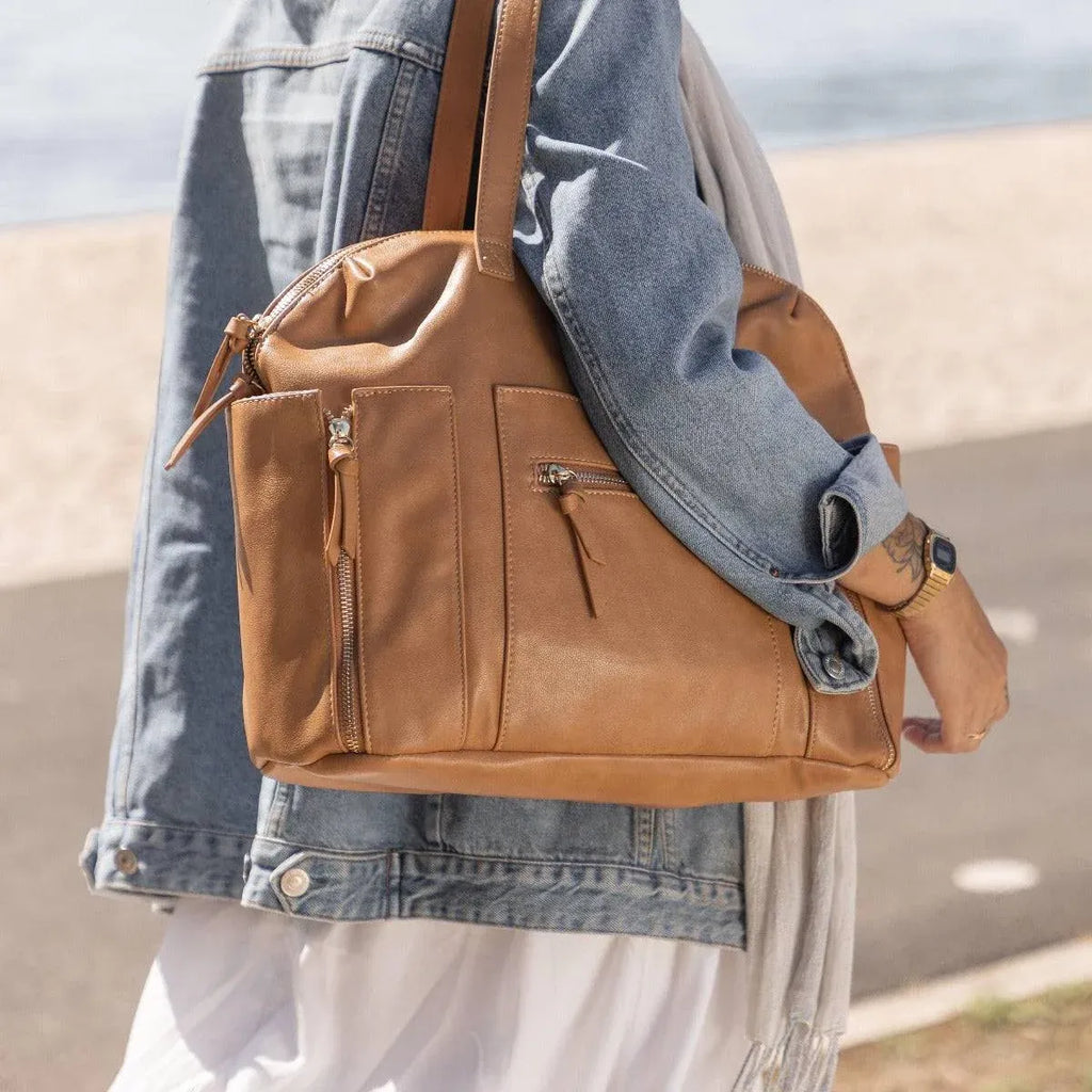 Tan Convertible Diaper Bag in Vegan Leather