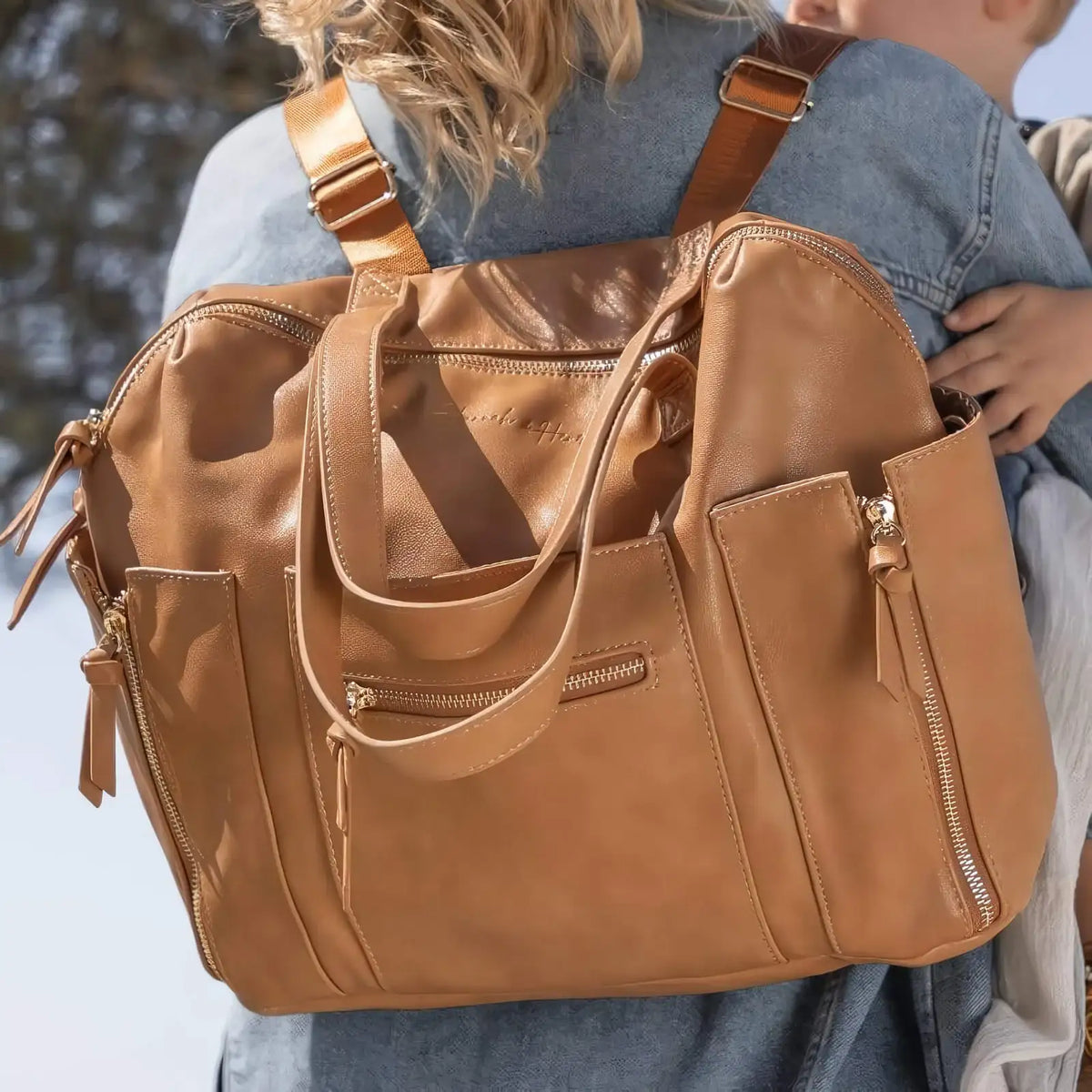 Tan Convertible Diaper Bag in Vegan Leather