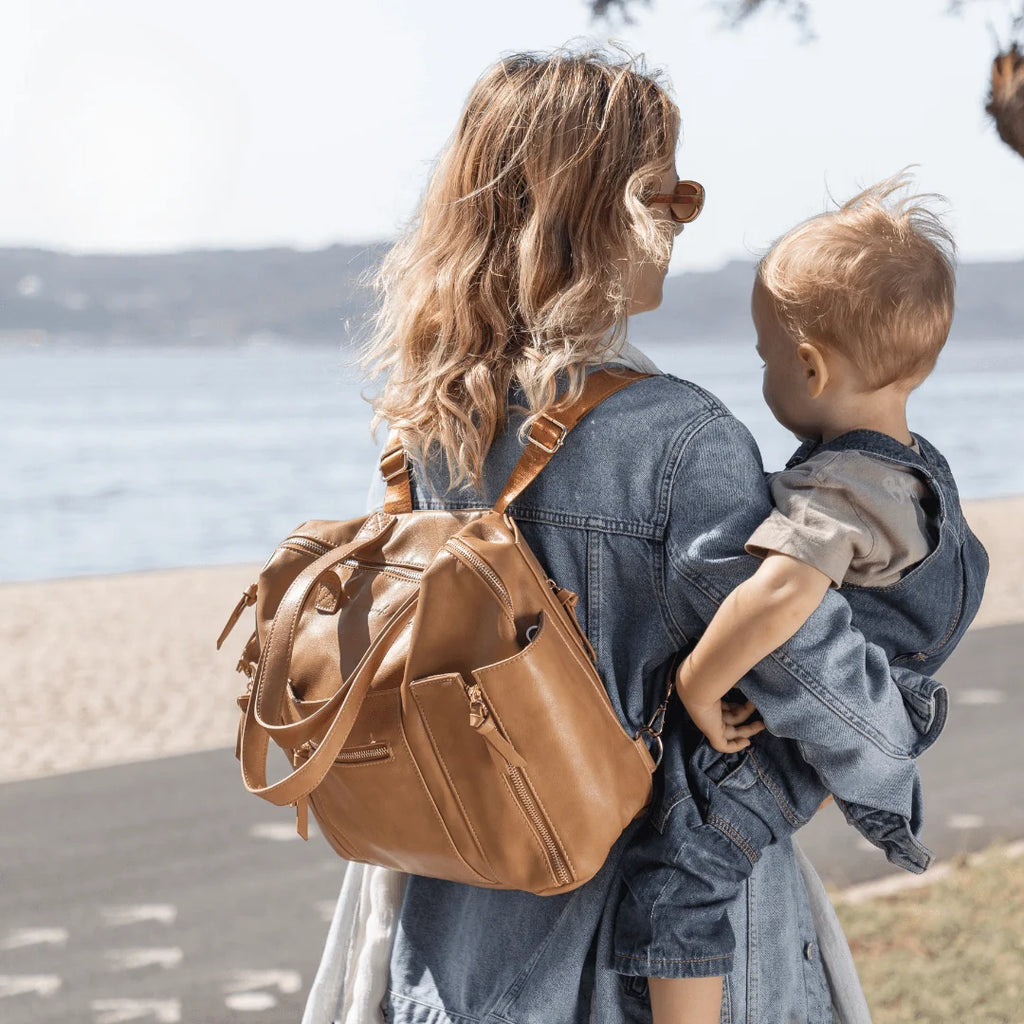 Tan Convertible Diaper Bag in Vegan Leather