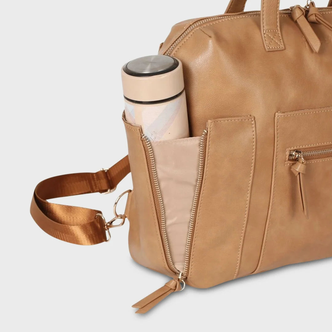 Tan Convertible Diaper Bag in Vegan Leather