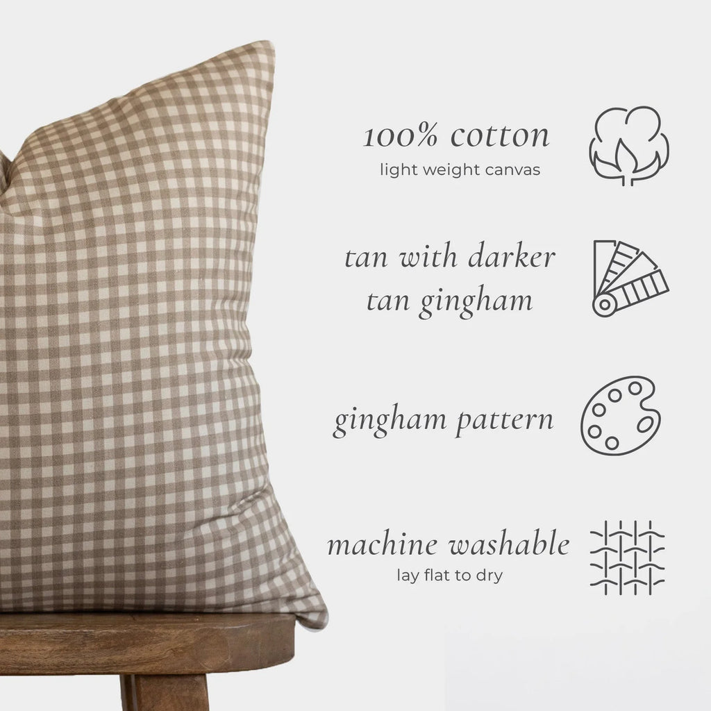 Tan Gingham Pillow Cover in 12x20 or 12x40 Inch Lumbar Sizes for Sofas, Beds, and Accent Chairs