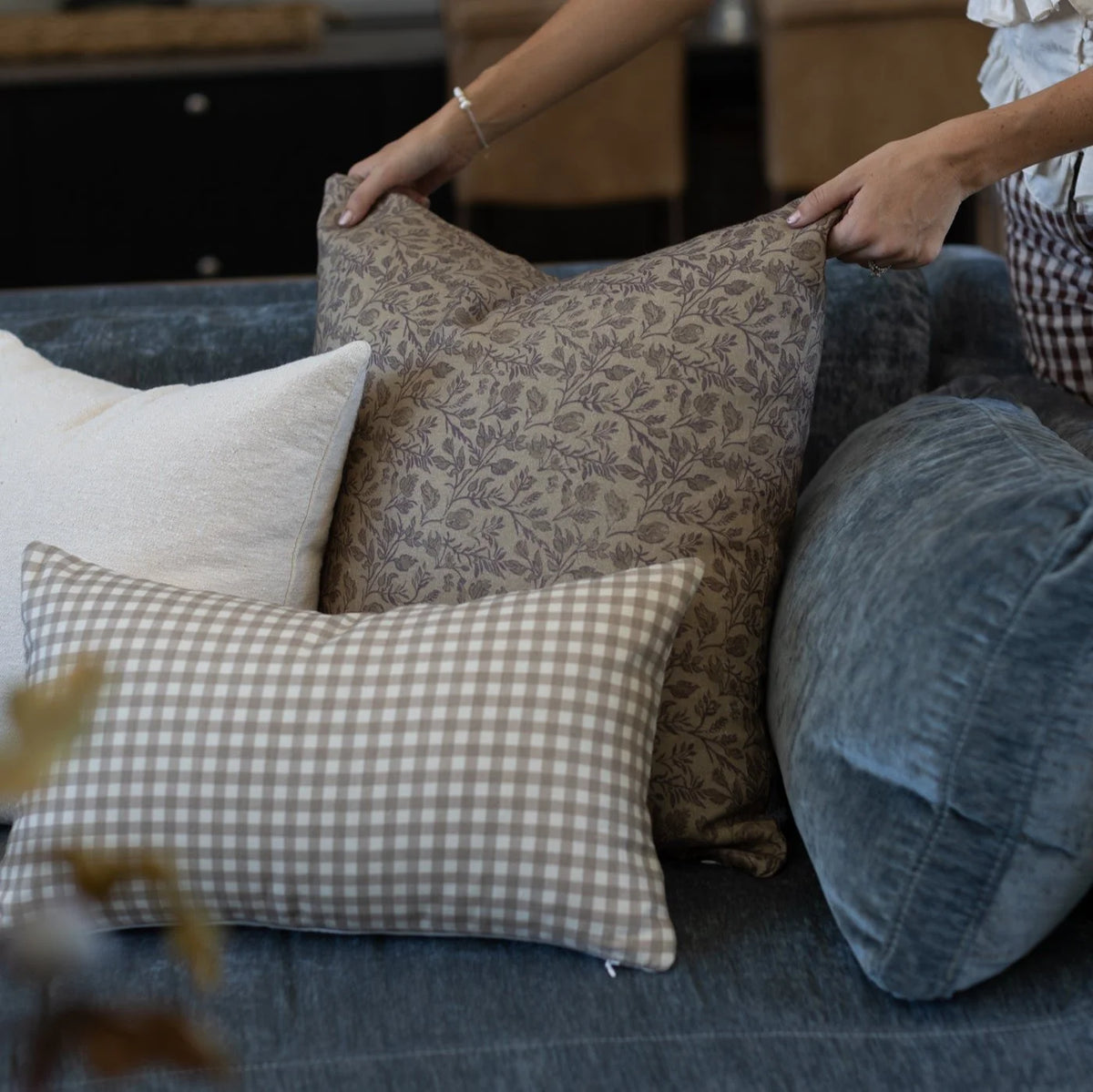 Tan Gingham Pillow Cover in 12x20 or 12x40 Inch Lumbar Sizes for Sofas, Beds, and Accent Chairs