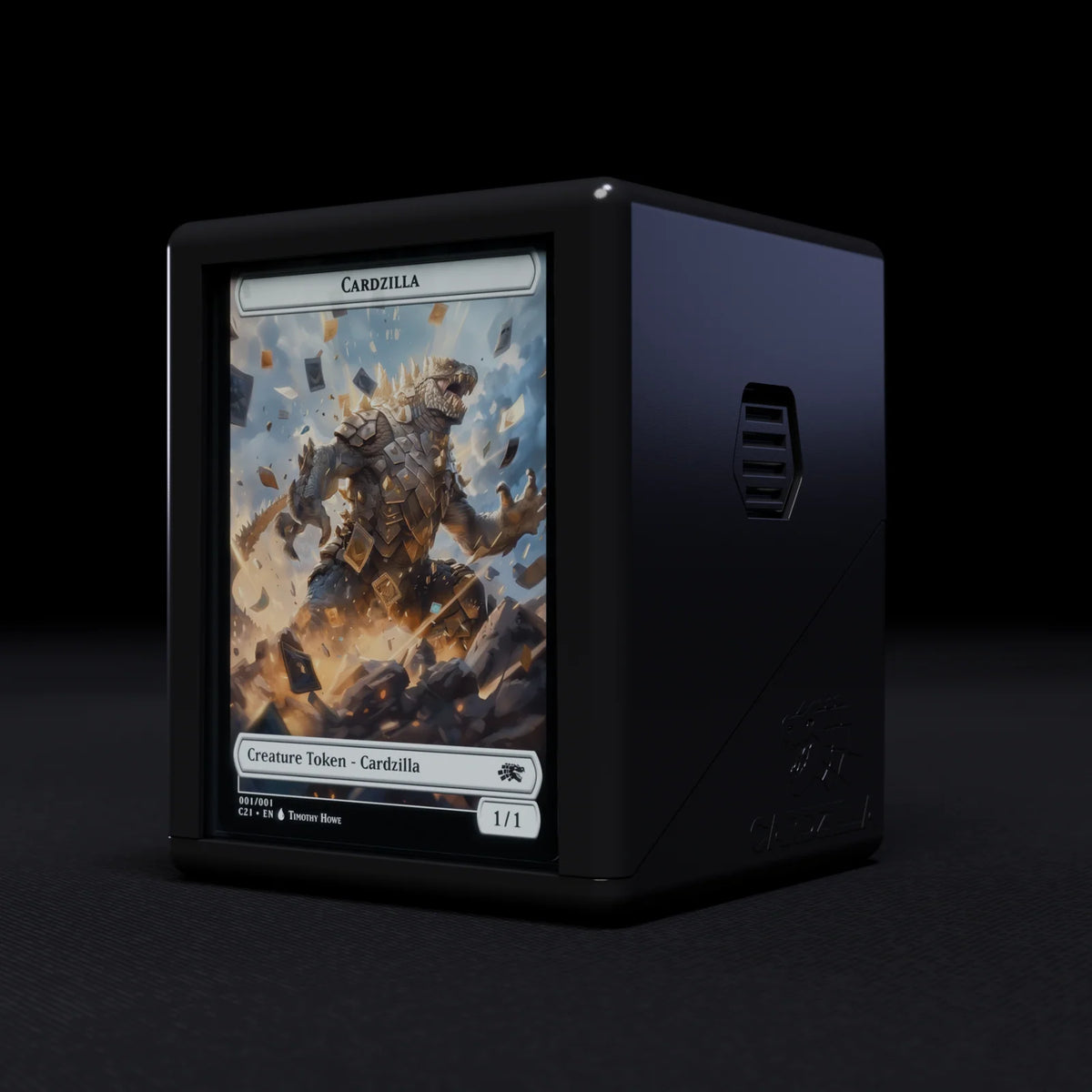 TCG Card Storage Box for 100+ Double-Sleeved Cards, Featuring a Front Display and Push-Button Lock — Black