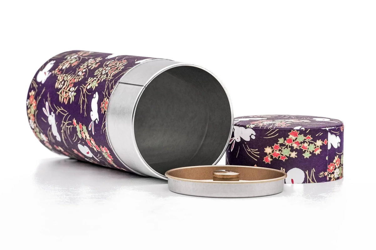 Tea Canister in Purple Rabbit and Floral Washi Paper with an Airtight Inner Lid for 200g of Sencha