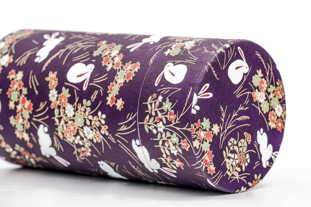 Tea Canister in Purple Rabbit and Floral Washi Paper with an Airtight Inner Lid for 200g of Sencha
