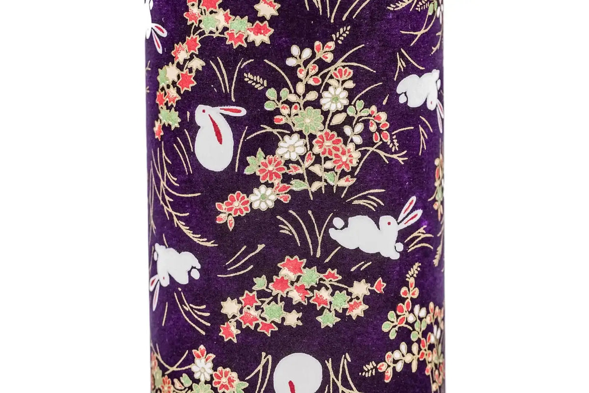 Tea Canister in Purple Rabbit and Floral Washi Paper with an Airtight Inner Lid for 200g of Sencha