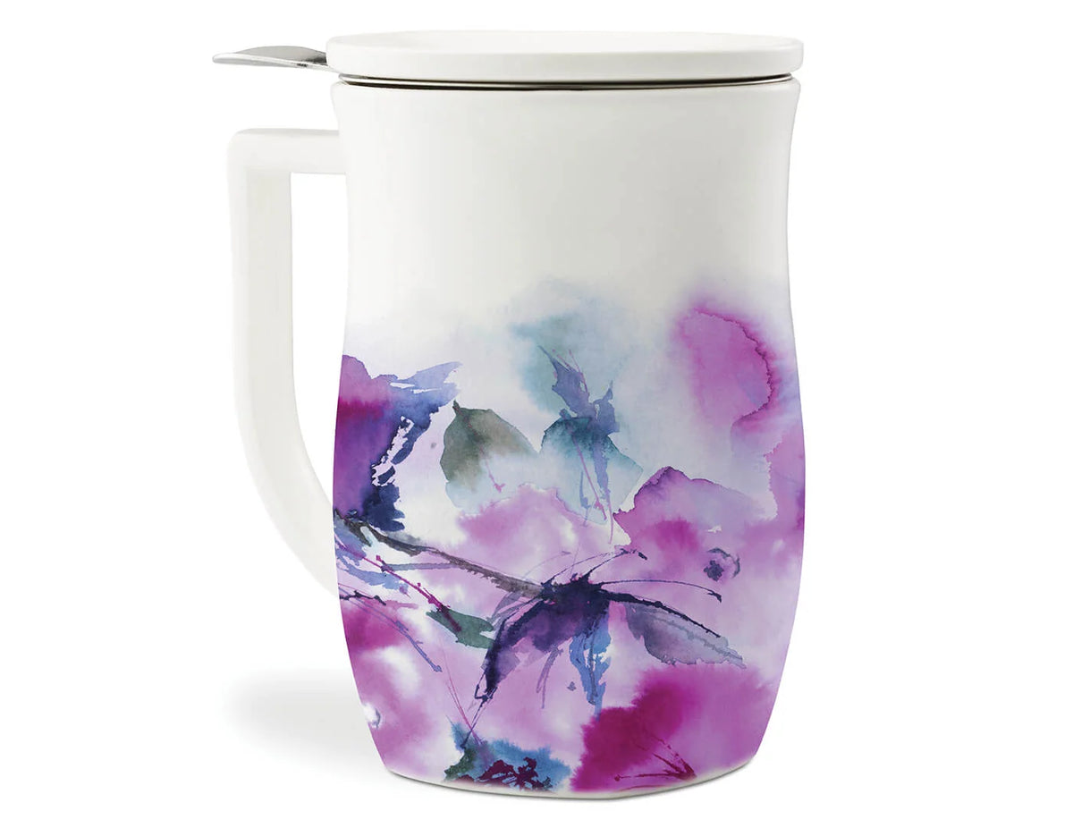 Tea Cup with Stainless Steel Infuser, Lid and 14 oz Ceramic Verbena Blossom Design · 14 oz ceramic cup
