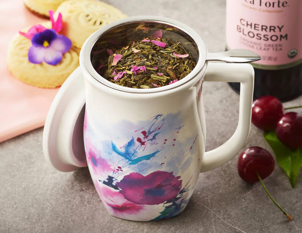 Tea Cup with Stainless Steel Infuser, Lid and 14 oz Ceramic Verbena Blossom Design · 14 oz ceramic cup