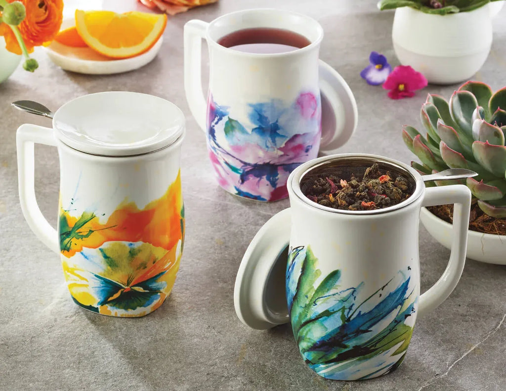 Tea Cup with Stainless Steel Infuser, Lid and 14 oz Ceramic Verbena Blossom Design · 14 oz ceramic cup