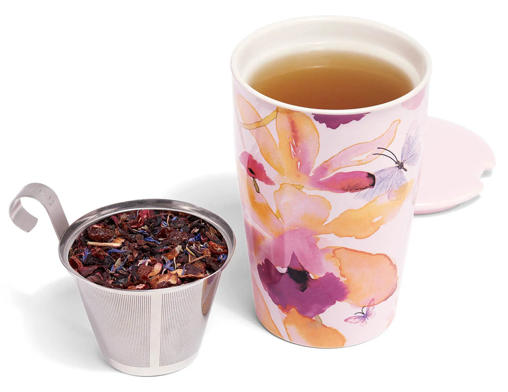 Tea Steeping Cup with Stainless Steel Infuser, Lid, Double-Walled Ceramic Design and 12-Ounce Loose Leaf Tea Capacity