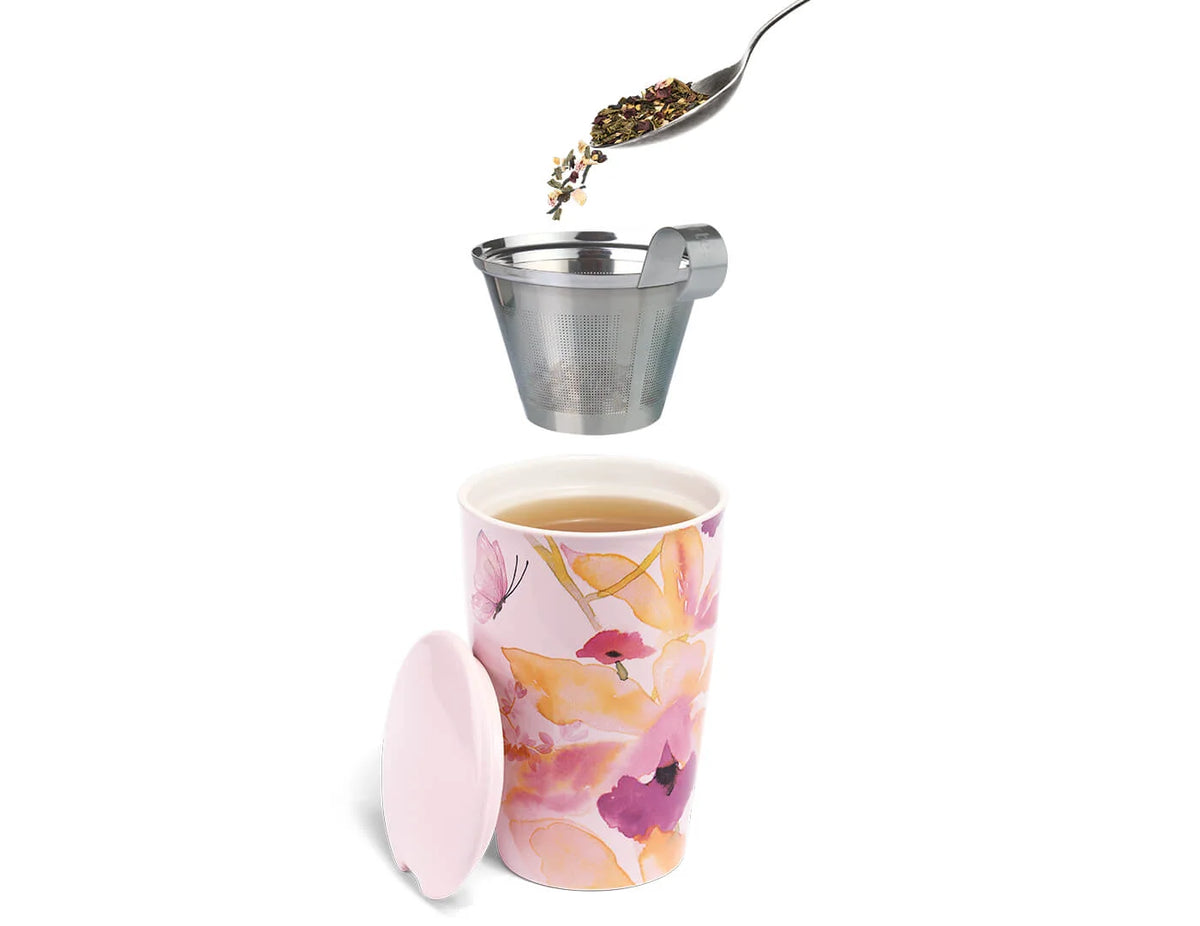 Tea Steeping Cup with Stainless Steel Infuser, Lid, Double-Walled Ceramic Design and 12-Ounce Loose Leaf Tea Capacity