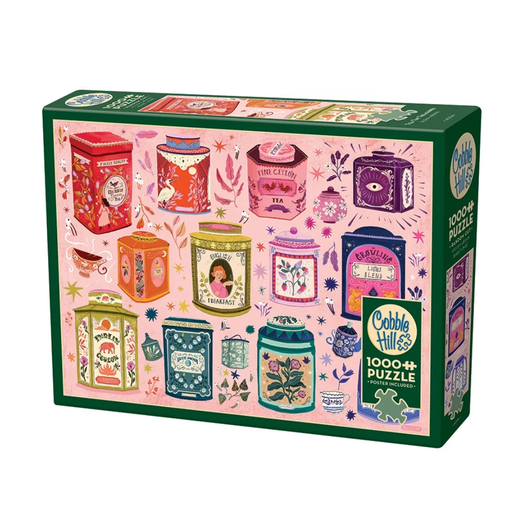 Tea Tin Jigsaw Puzzle, 1,000 Random-Cut Pieces Featuring Colorful Packaging Art and an Included Poster