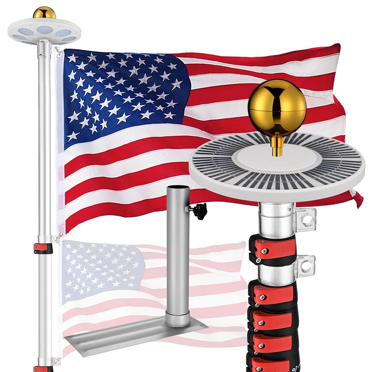 Telescoping Aluminum Flagpole Kit with Solar Lighting and a Tire Stand for Tailgating and Outdoor Camping