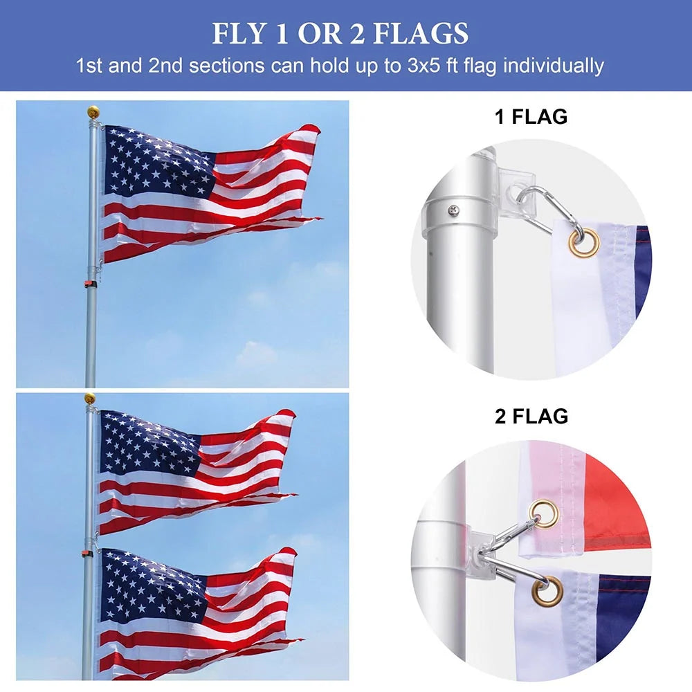 Telescoping Aluminum Flagpole Kit with Solar Lighting and a Tire Stand for Tailgating and Outdoor Camping