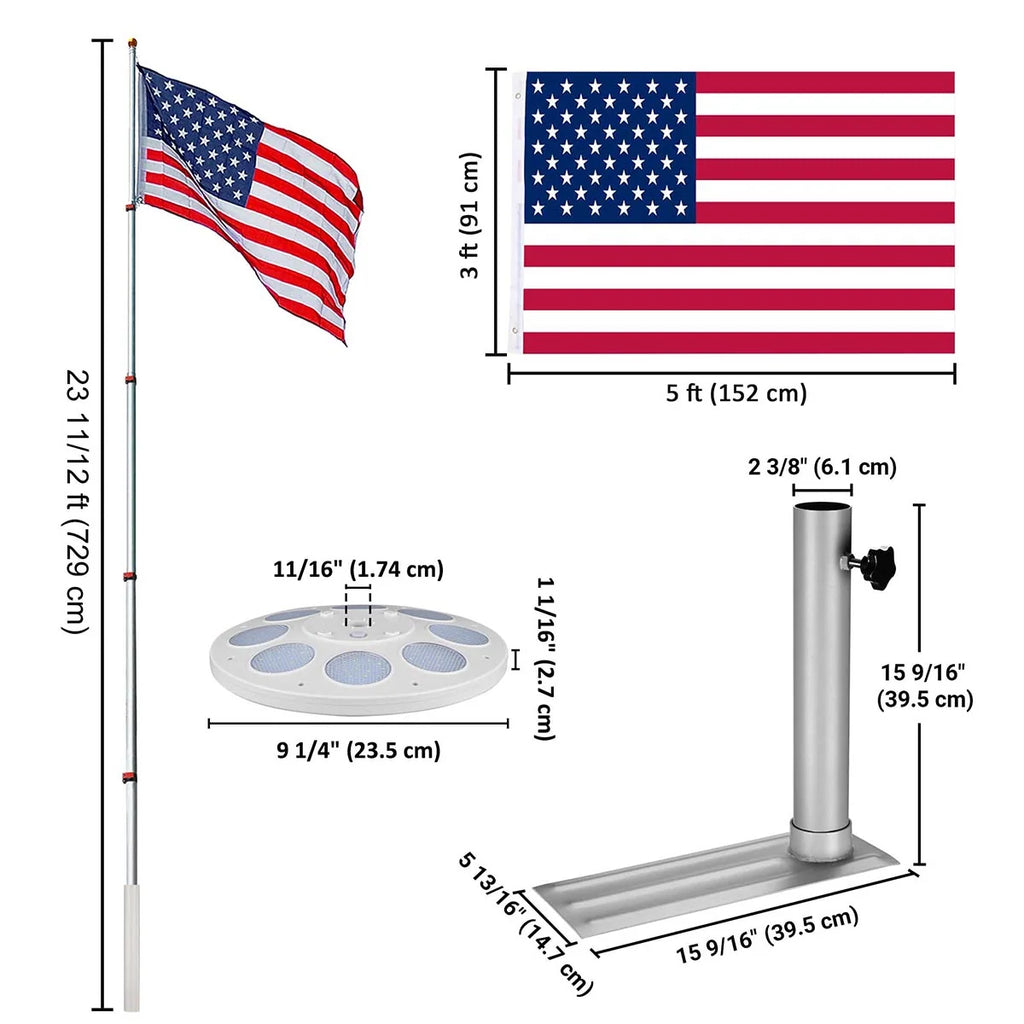 Telescoping Aluminum Flagpole Kit with Solar Lighting and a Tire Stand for Tailgating and Outdoor Camping