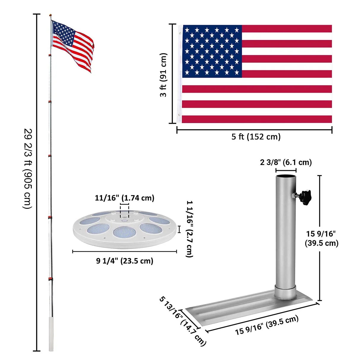 Telescoping Aluminum Flagpole Kit with Solar Lighting and a Tire Stand for Tailgating and Outdoor Camping