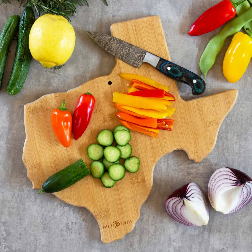 Texas Bamboo Cutting Board with State-Shaped Artwork and a Blank Reverse for Food Preparation