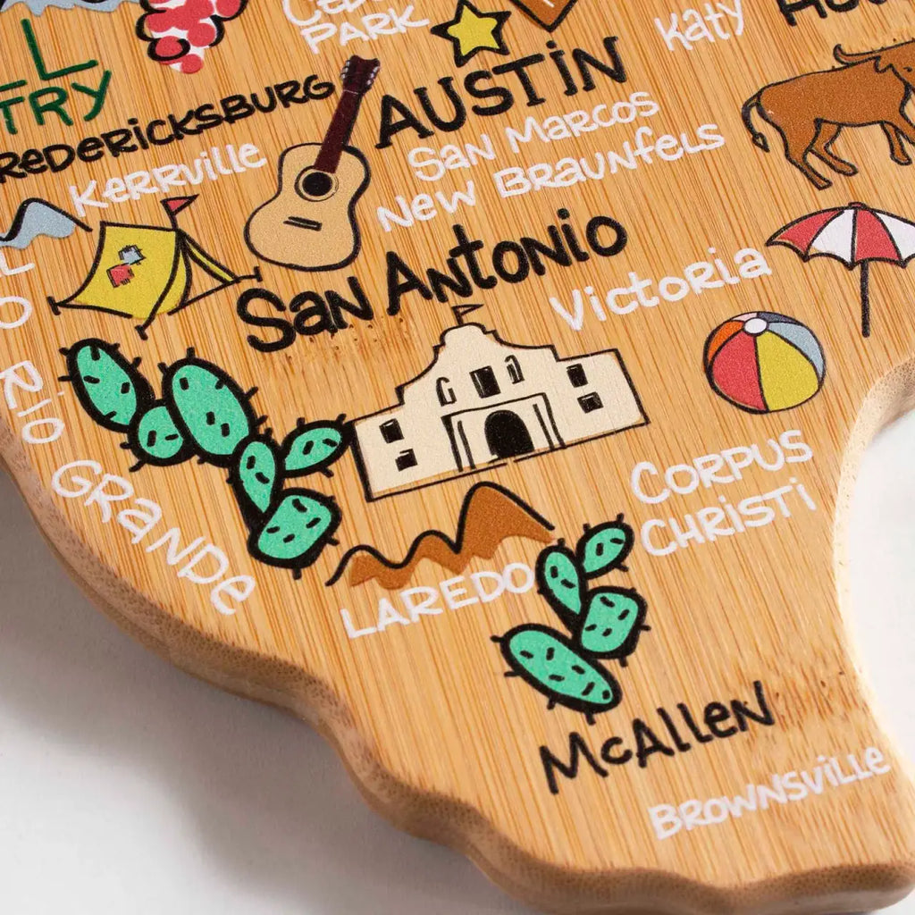 Texas Bamboo Cutting Board with State-Shaped Artwork and a Blank Reverse for Food Preparation