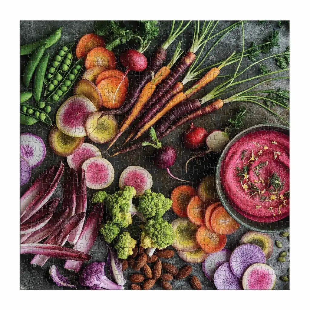 The Garden Board 500 Piece Jigsaw Puzzle with Vegetable Garden Artwork, Ribbon Cut Pieces and Reusable Storage Box