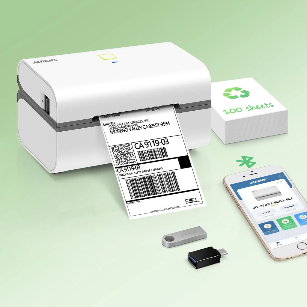 Thermal Shipping Label Printer with Bluetooth and USB, 3x5-Inch Support, 203 DPI, White Desktop Office Printer