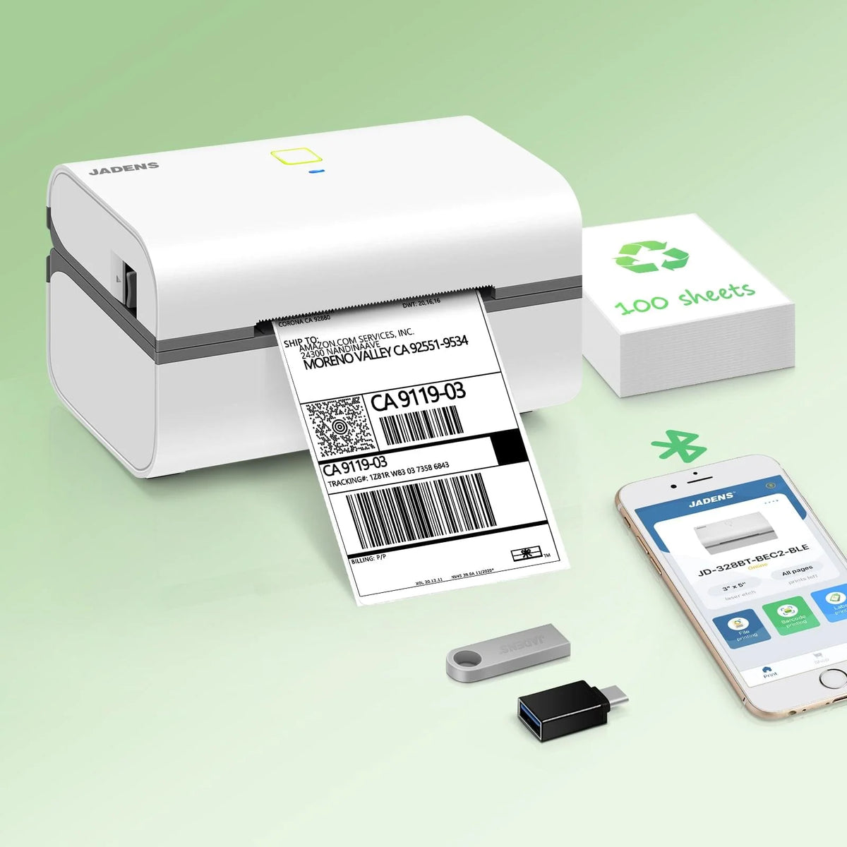 Thermal Shipping Label Printer with Bluetooth and USB, 3x5-Inch Support, 203 DPI, White Desktop Office Printer