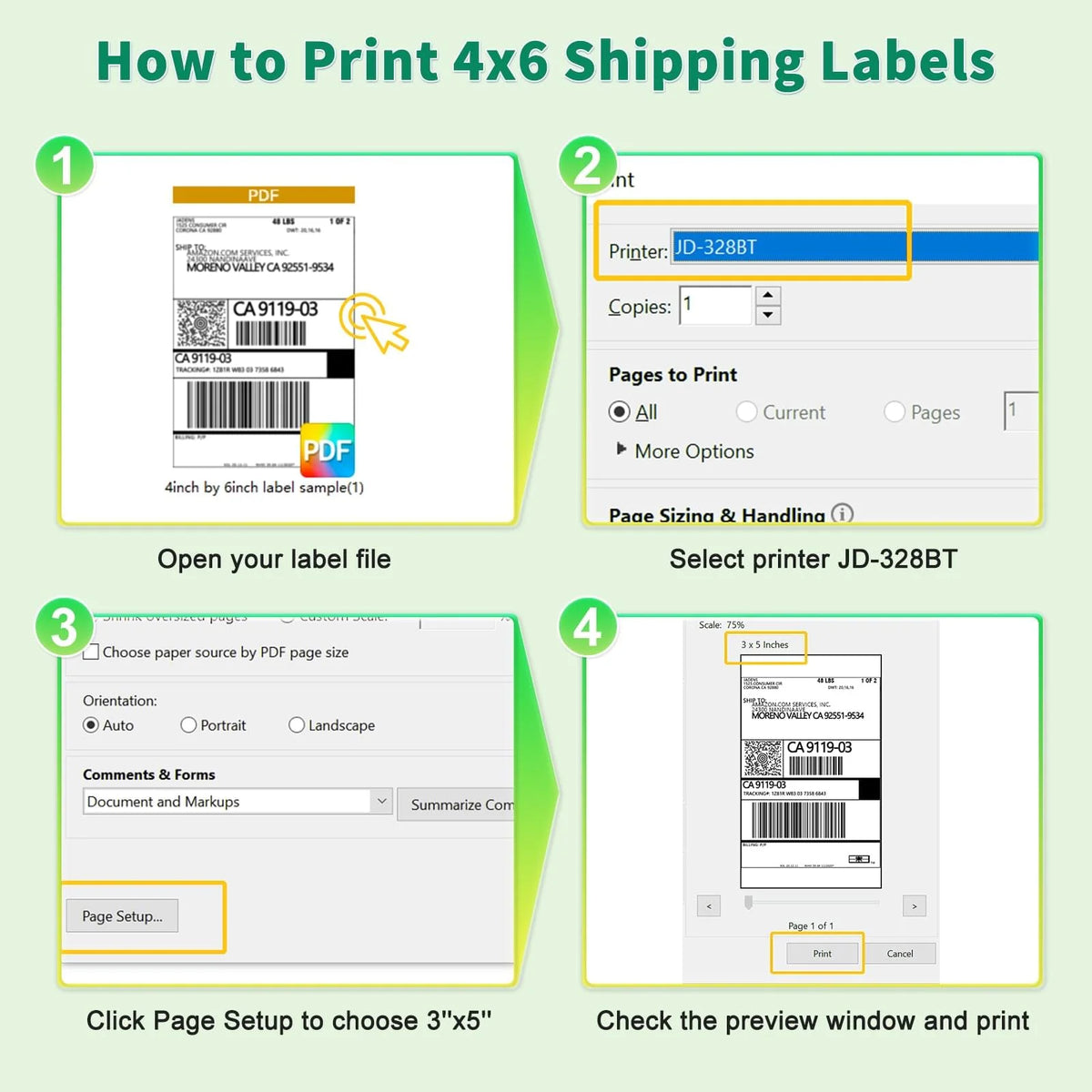 Thermal Shipping Label Printer with Bluetooth and USB, 3x5-Inch Support, 203 DPI, White Desktop Office Printer