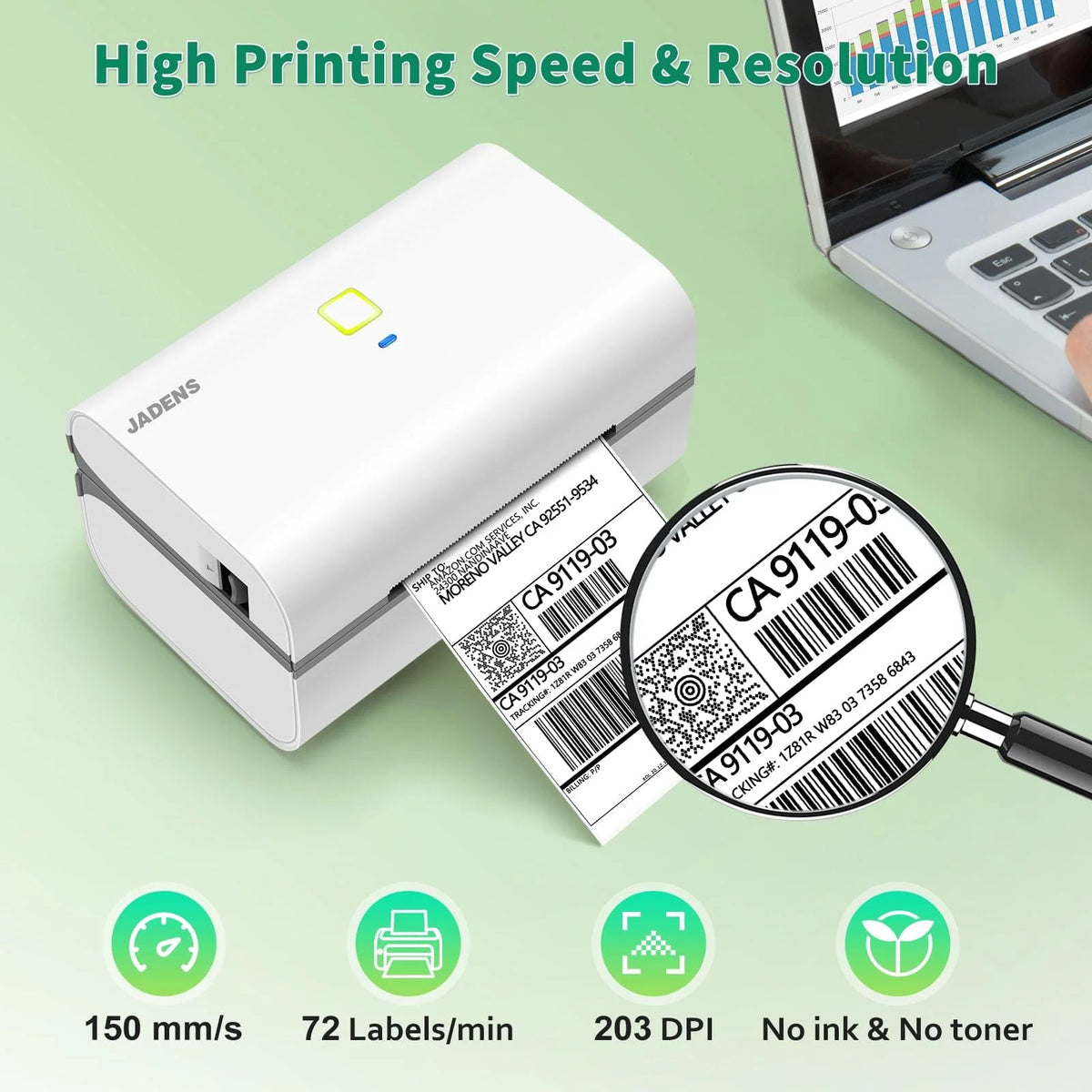 Thermal Shipping Label Printer with Bluetooth and USB, 3x5-Inch Support, 203 DPI, White Desktop Office Printer