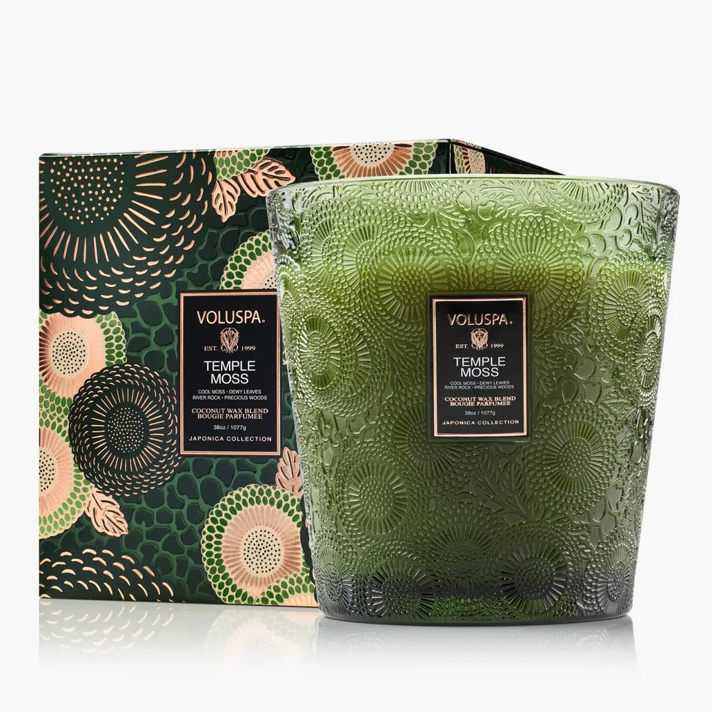 Three-Wick Scented Candle in Temple Moss, 38 oz Coconut Wax Blend in an Embossed Glass Gift-Boxed Jar