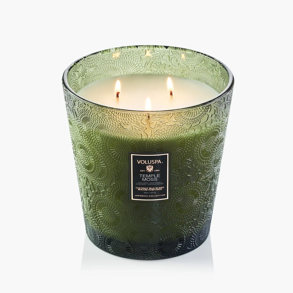 Three-Wick Scented Candle in Temple Moss, 38 oz Coconut Wax Blend in an Embossed Glass Gift-Boxed Jar