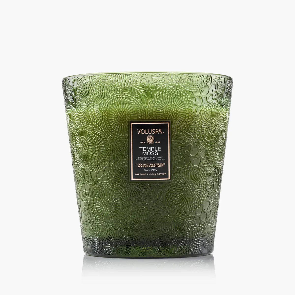 Three-Wick Scented Candle in Temple Moss, 38 oz Coconut Wax Blend in an Embossed Glass Gift-Boxed Jar