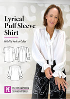 Tie Neck Shirt PDF Sewing Pattern for Soft Drapey Wovens, Featuring Puff Sleeves and a Gathered Frill