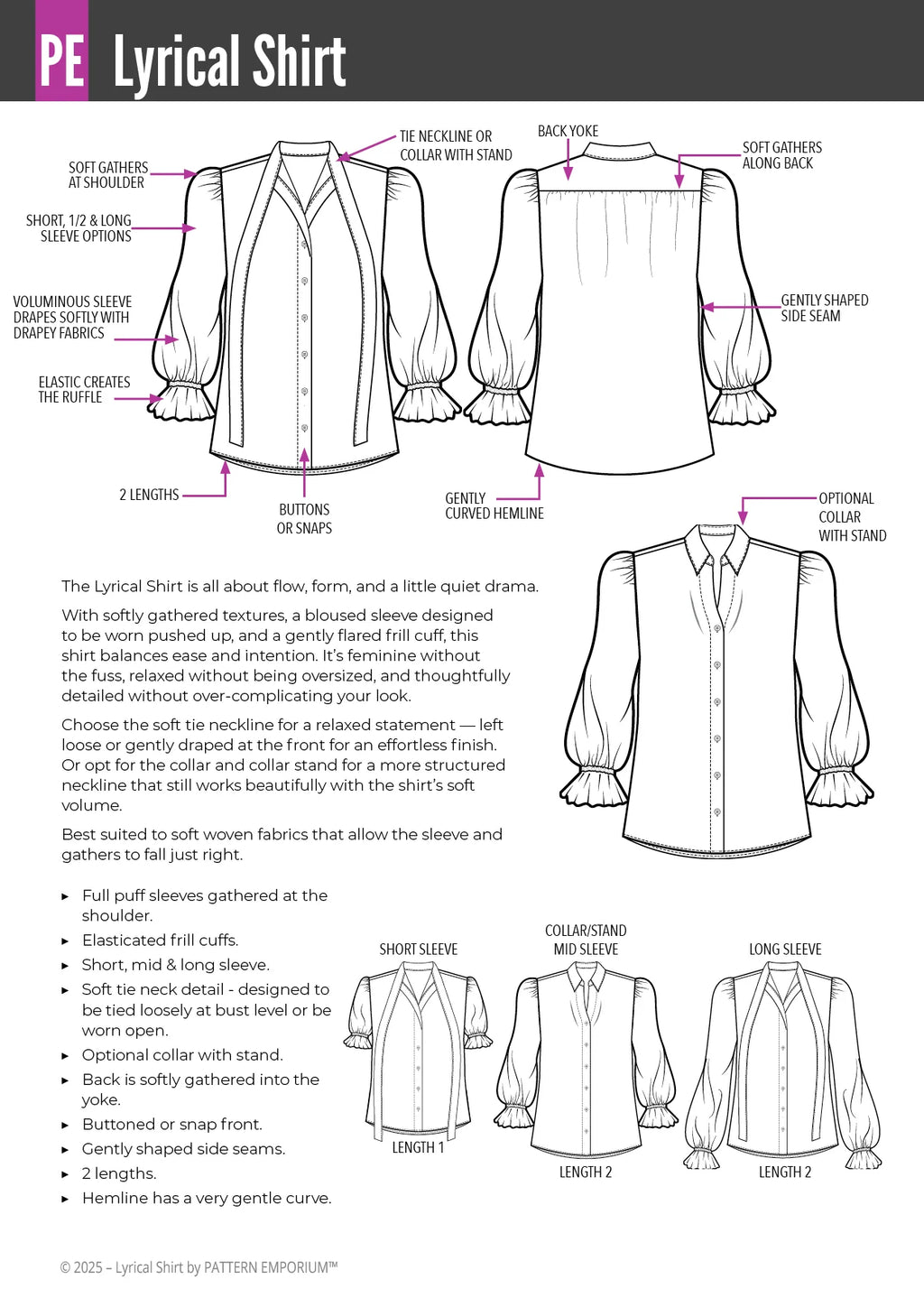Tie Neck Shirt PDF Sewing Pattern for Soft Drapey Wovens, Featuring Puff Sleeves and a Gathered Frill
