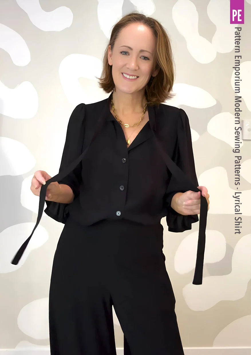 Tie Neck Shirt PDF Sewing Pattern for Soft Drapey Wovens, Featuring Puff Sleeves and a Gathered Frill