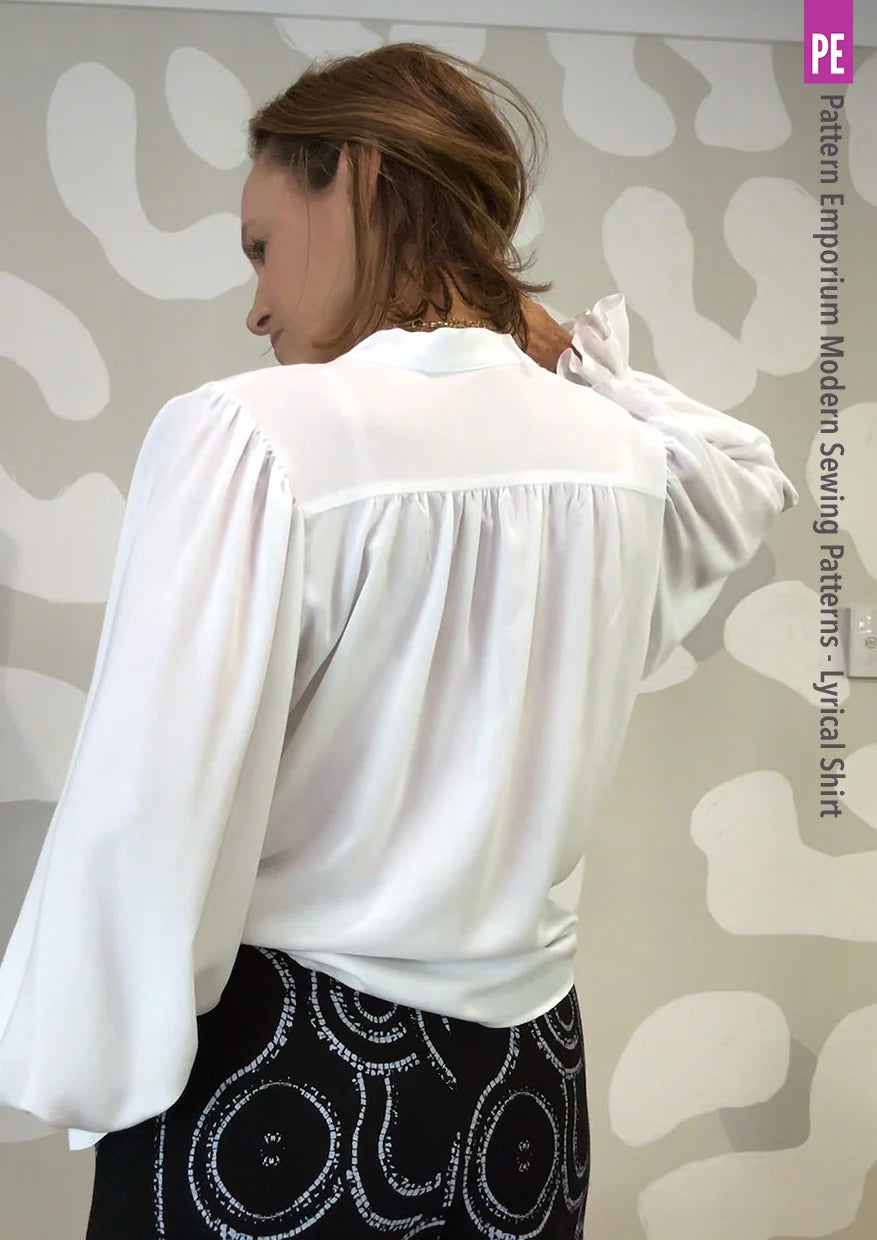 Tie Neck Shirt PDF Sewing Pattern for Soft Drapey Wovens, Featuring Puff Sleeves and a Gathered Frill