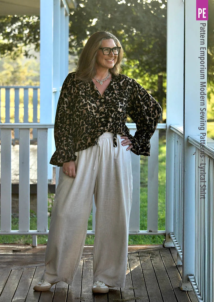 Tie Neck Shirt PDF Sewing Pattern for Soft Drapey Wovens, Featuring Puff Sleeves and a Gathered Frill